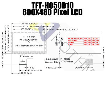 Affichage pratique de 5 pouces RVB TFT, affichage lisible TFT-H050B10SVISTKN50 de lumière du soleil d'IC ST7262