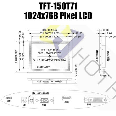 15,0 module d'affichage de l'écran 1024x768 IPS TFT LCD d'affichage à cristaux liquides du moniteur HDMI de Pcap de pouce